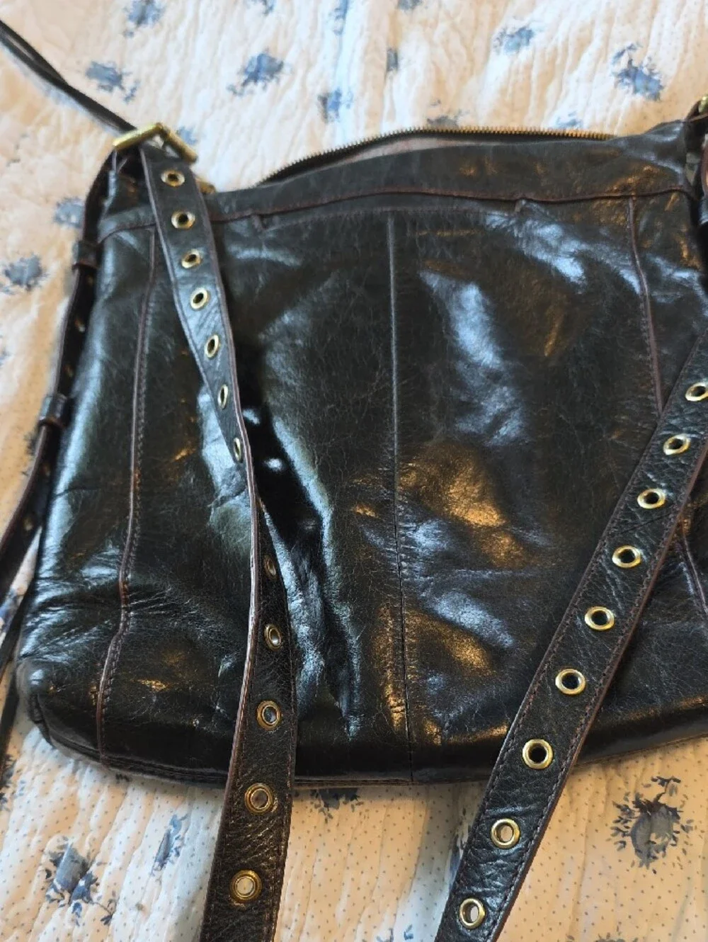 HOBO Black Leather Crossbody with Zip Accent and Decorative Adjustable Strap
